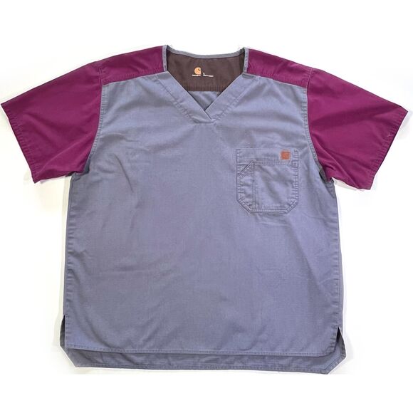 Carhartt Men's Grey Maroon V-Neck Scrub Top Large - Picture 1 of 7